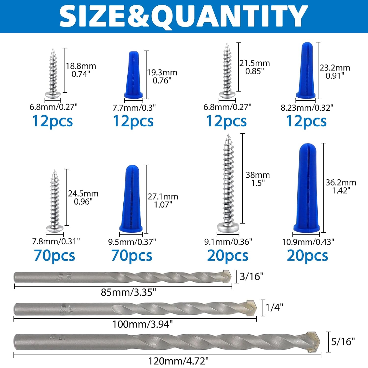 Conical Concrete Wall Anchors and Screws Assortment Kit, 228 Pcs Masonry Anchors with 3PCs Drill Bit,114 Brick Wall Anchors and 114 Self Tapping Screws, Blue