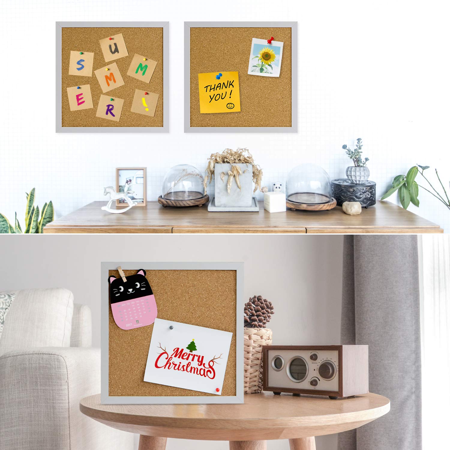 AkTop Tablica ogłoszeń z korka 30 x 30 cm, biała rama korkowa 4 sztuki, mała kwadratowa tablica pinowa na ścianę, mini grube płytki korkowe z 16 pinami, drewniane klipsy do szkoły, domu i biura