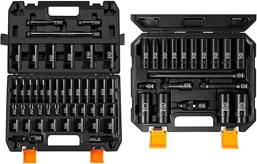 BOEN Juego de 64 llaves de impacto SAE y métricas de 12 pulgada, revestimiento de fosfato negro, diseño de 6 puntos, cumple con las normas ANSI