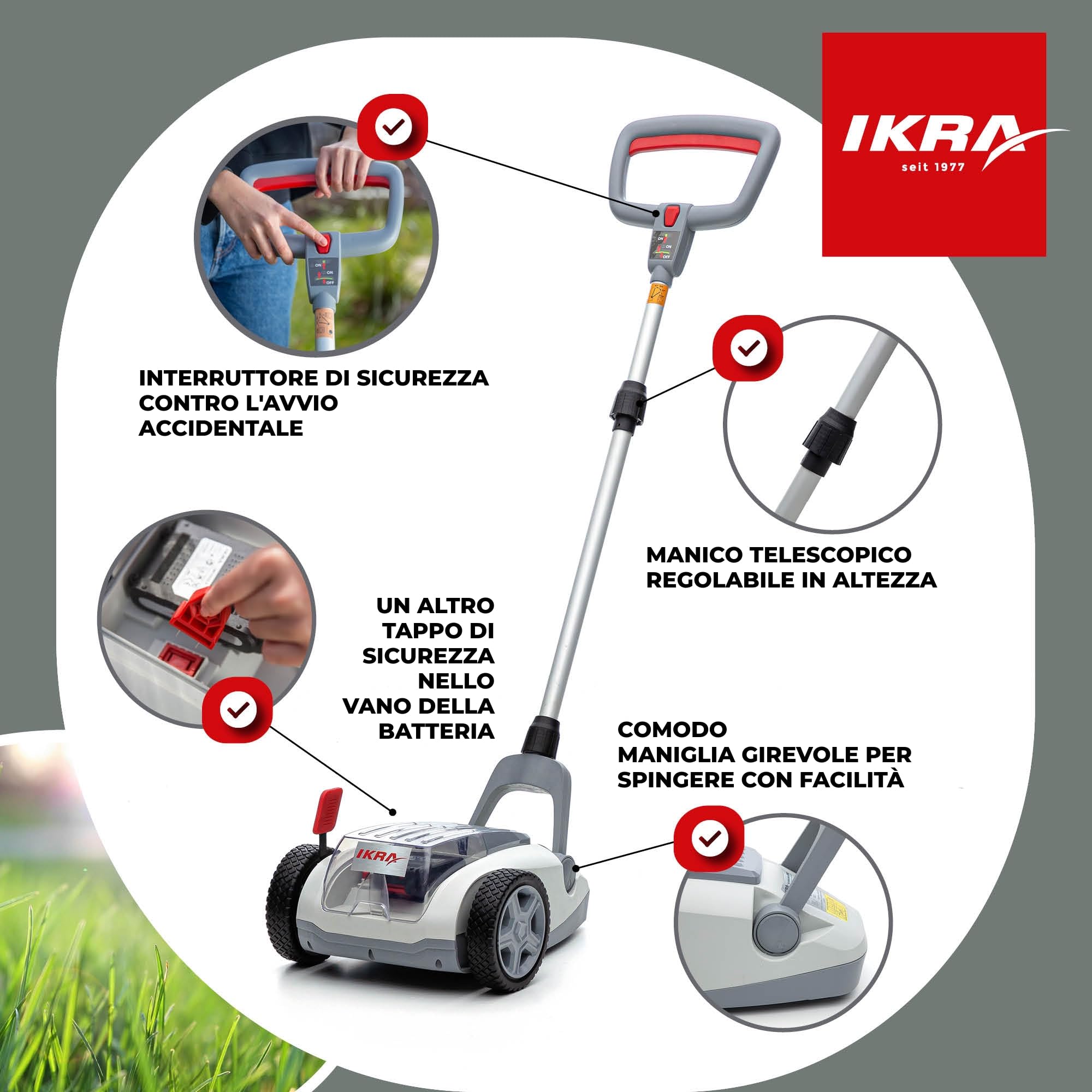 IKRA tosaerba a una mano ICHM 20 con funzione mulching, per prati di piccole 50 m², incl. batteria e caricabatteria