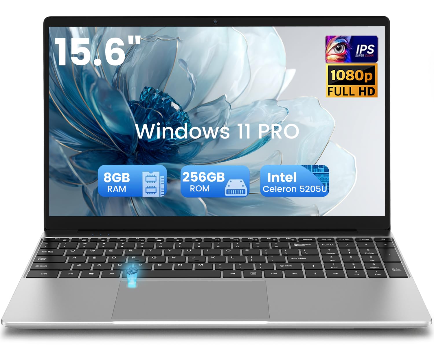 Kayoote 2026 PC Portatile 15.6 Pollici Win 11 Pro, Celeron 5205U Notebook, 8GB RAM 256GB SSD, Display IPS FHD 1920x1080, Tastiera Retroilluminata, Sblocco Impronta Digitale, USB 3.0, Mini HDMI