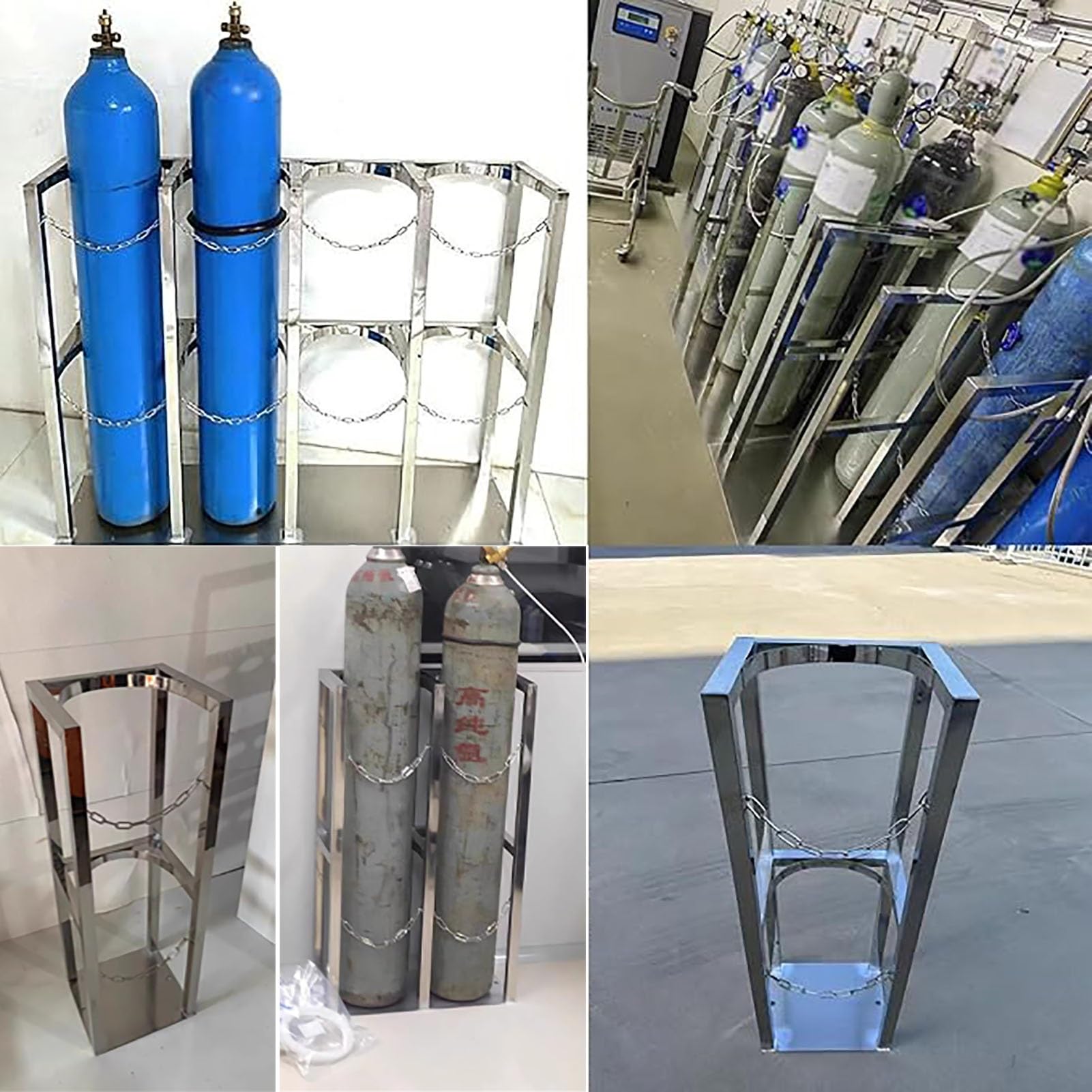 Soporte de tanque cilíndrico con cadena protectora para un almacenamiento seguro de botellas de oxígeno y nitroso
