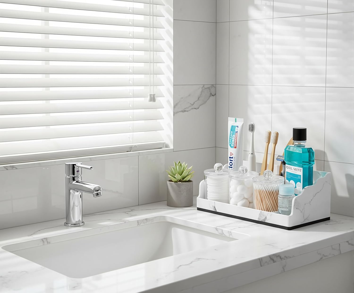 Bathroom Counter Organizer with Qtip Holder, Marble Toothbrush