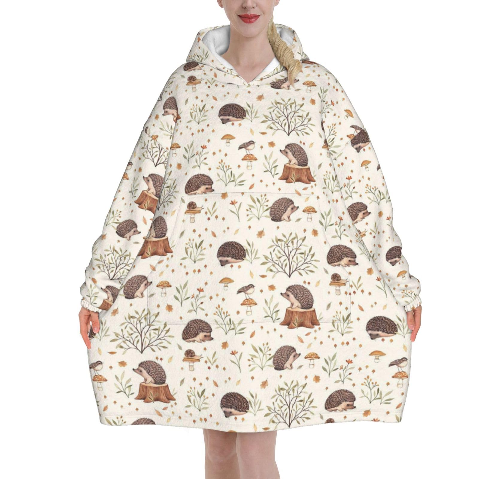 Poadnly Unisex As Picture Meadow Hedgehog,Women's Oversized Wearable Blanket Hoodie, Blanket Sweatshirt,Flannel Pullover Blanket