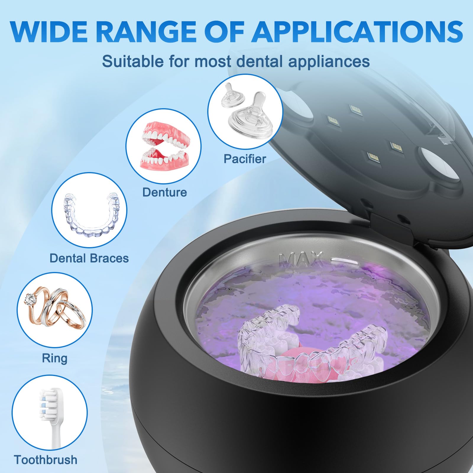 Limpiador ultrasónico dental de retención – Cápsula de limpieza dental de 48 kHz para prótesis, aparatos ortopédicos, protector bucal, cabezales de cepillo de dientes, joyas, máquina limpiadora de
