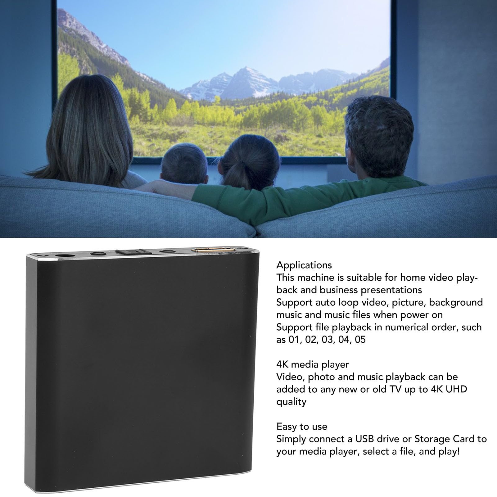 Cryfokt Lecteur Multimédia 4K, Lecteur Numérique UHD Mini avec Lecture Automatique, Résolution 4K for Lecture Vidéo à Domicile et Présentations Professionnelles (Prise UE)