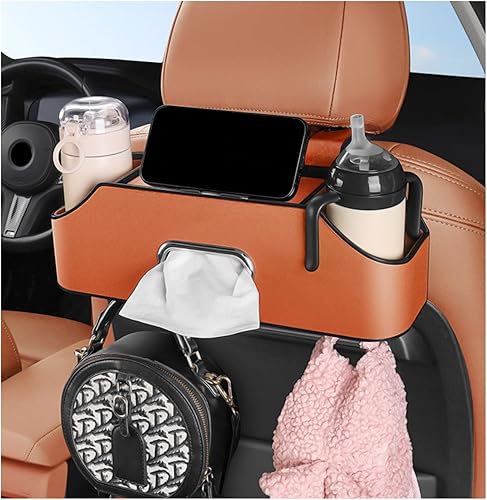 Organizador de respaldo de asiento de automóvil con 2 portavasos para bebidas, caja de pañuelos y gancho para caja de almacenamiento, almacenamiento