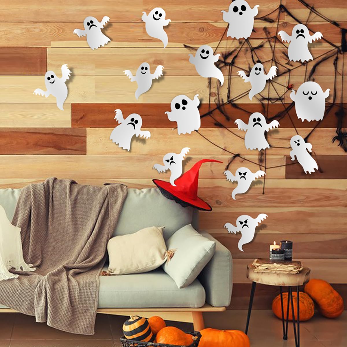 42 szt. Halloween naklejki dekoracyjne 3D uroczy duch naklejki ścienne samoprzylepne dekoracja biały mały duch naklejki ścienne Halloween artykuły imprezowe do domu gotyckiego domu drzwi pokoju na