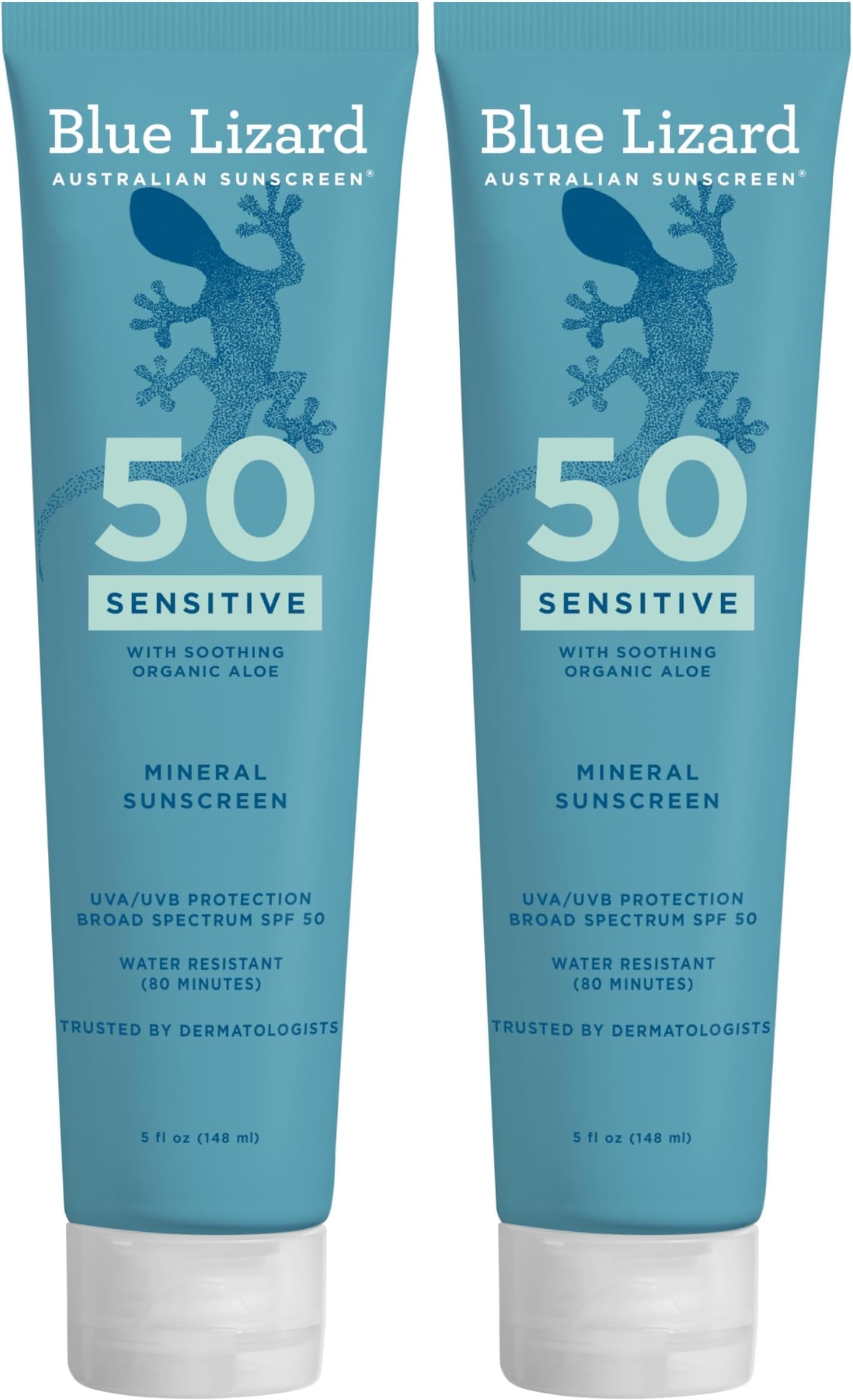 Mineral Sunscreen, SPF 50+, Tube, Zinc Oxide | Water Resistant | Fragrance Free | For Sensitive Skin | 5 Fl Oz Pack of 2