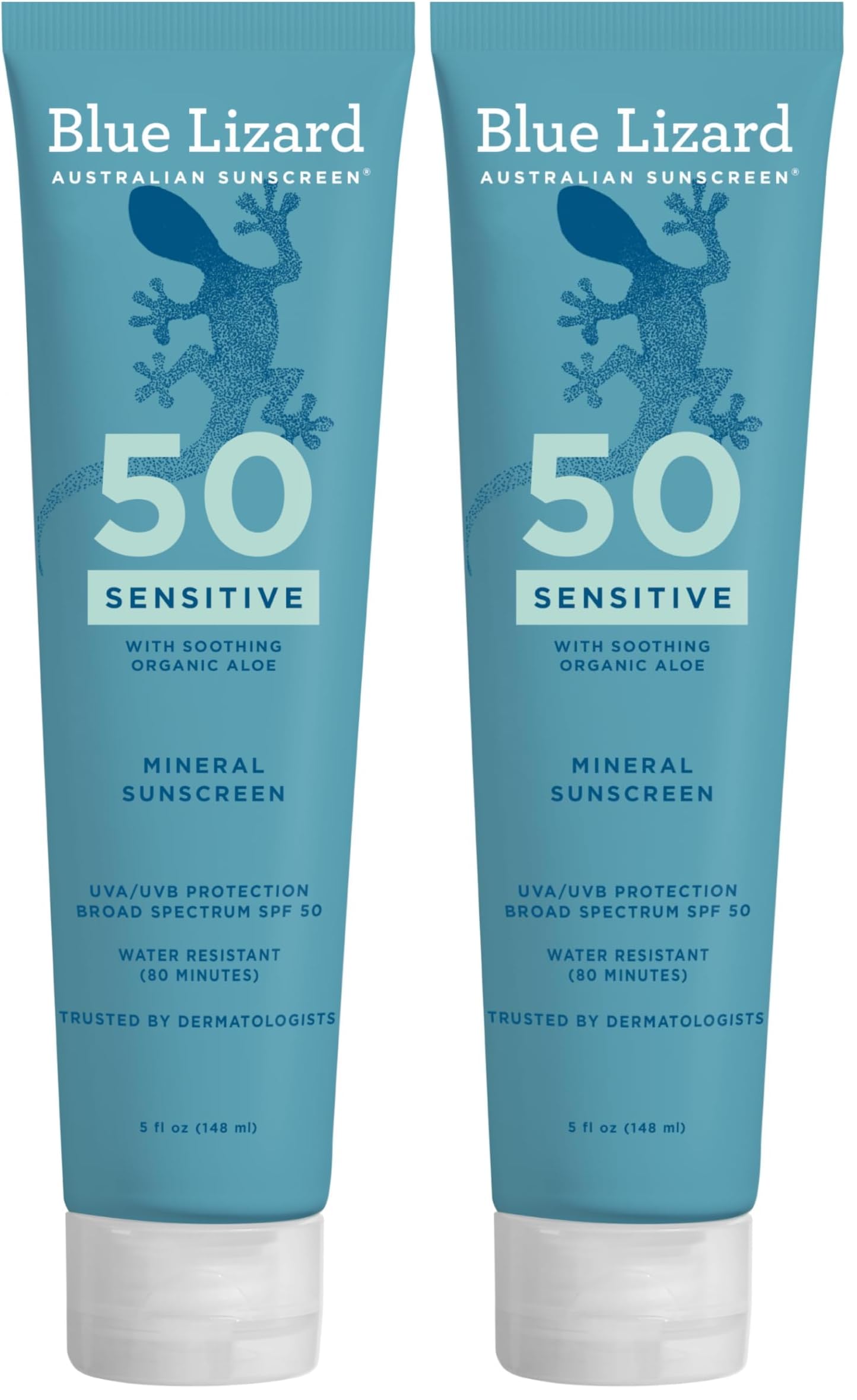 Mineral Sunscreen, SPF 50+, Tube, Zinc Oxide | Water Resistant | Fragrance Free | For Sensitive Skin | 5 Fl Oz Pack of 2