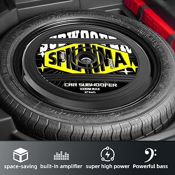 1600W 12 Spare Tire Subwoofer with Built-in Amp, Anti-Theft Hidden Design, 400W RMS Deep Bass Car Subwoofer, Easy Install Powered Subwoofer for Car Audio, Fits 15/16/17 Wheels
