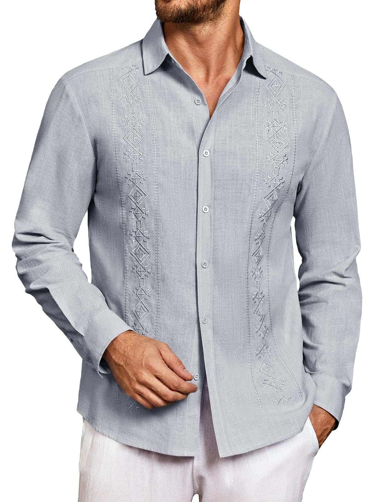 Photo 1 of Makkrom Men's Casual Cotton Linen Button Down Shirts Cuban Guayabera Shirt Long Sleeve Summer Beach Tops Grey size L