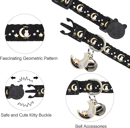 Miniatura 3 de Giecooh Paquete de 2 collares de gato con campanas, collares de seguridad ajustables con luna y estrella para niños y niñas, negro + azul