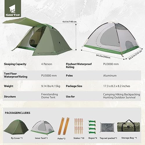 Miniatura 8 de GEERTOP Tienda de campaña para 4 personas y 4 estaciones para camping, impermeable, doble capa, fácil de instalar, tienda familiar para camping,