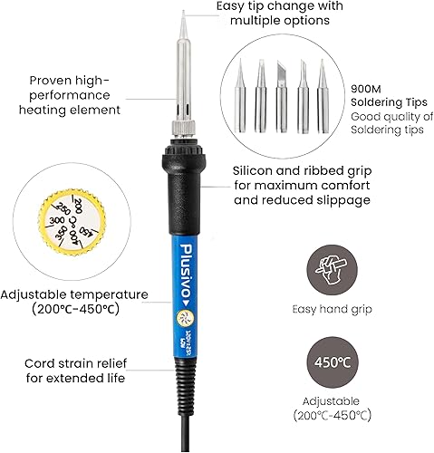 Miniatura 4 de Kit de soldador de 60 W, temperatura ajustable 30 en 1, 5 puntas de soldadura, multímetro digital, cable de soldadura, pasta, bomba de desoldadura