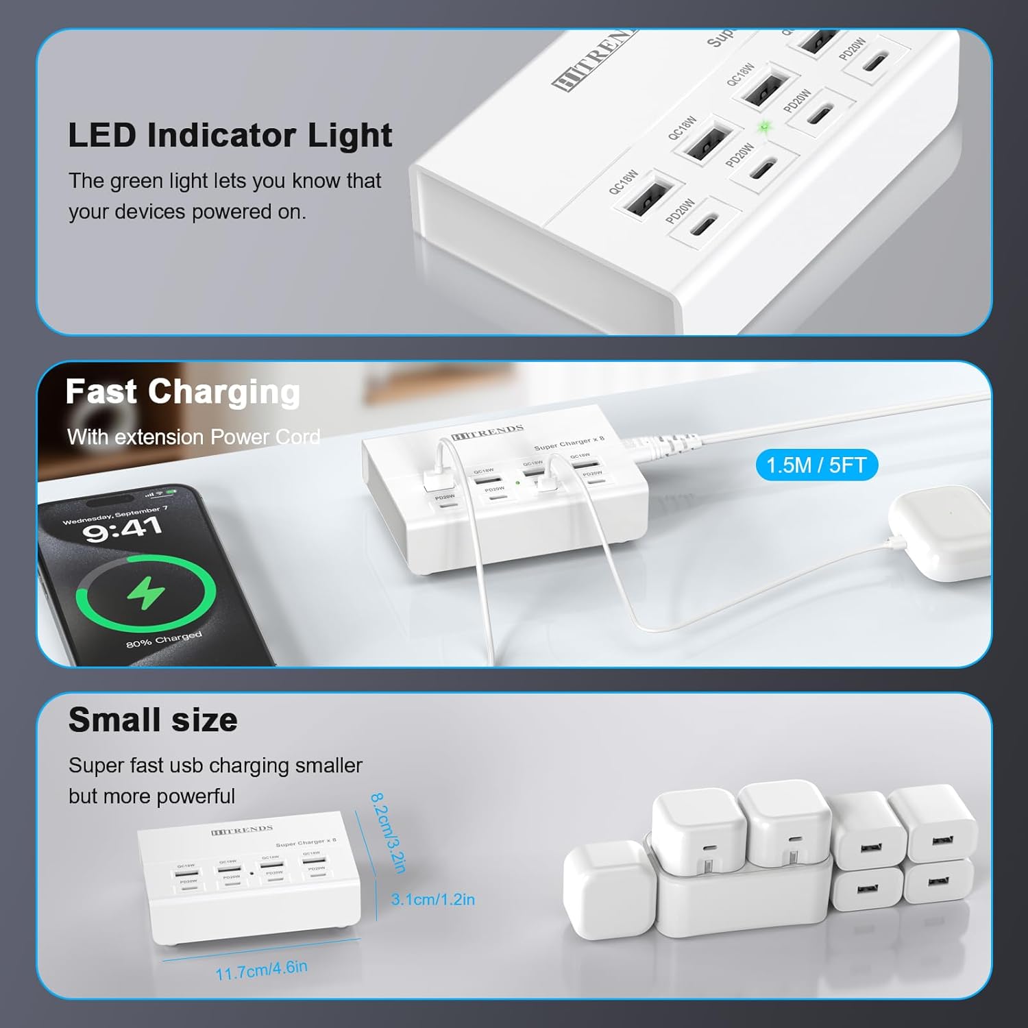 USB Charger with USB C PD20W and USB A QC18W, HITRENDS 60W PD Fast Charging Station, 5ft 8-Port Multiple Desktop Multi Port USB Charging Hub Compatible with iPad iPhone 17/16/15/14, Galaxy S24/S23/S22