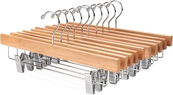 Nature Smile Wooden Pants Hangers Wood Bottom Jeans Skirt Hanger with Clips Anti Rust Hook Pack of 10 Natural
