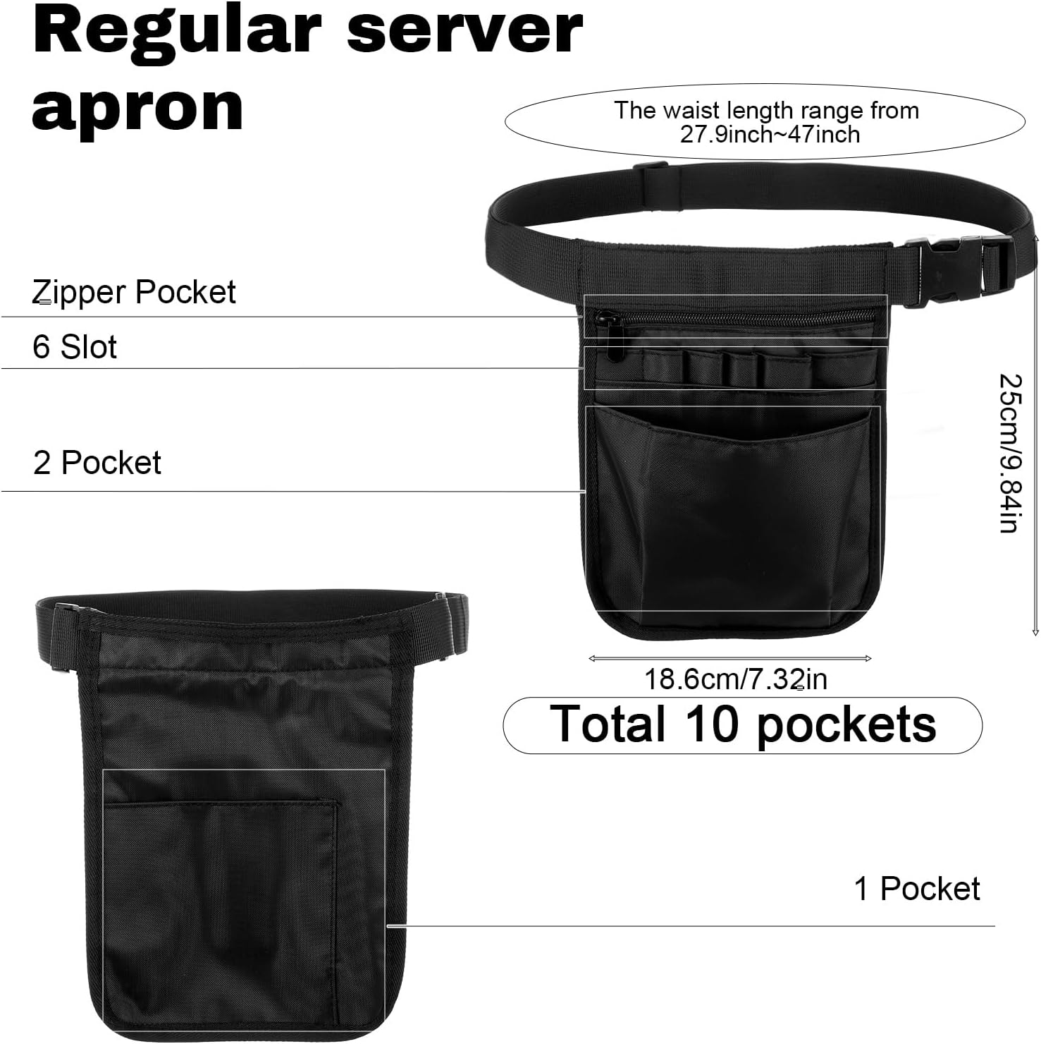 Server Waist Pouch Server Apron with Pockets Restaurant Waitress Waist Pouches Black Organizer Belt Utility Money Bag Tool Belt Working Serving Pack for Restaurant Gardening Nursing Waiter Hotel Bar
