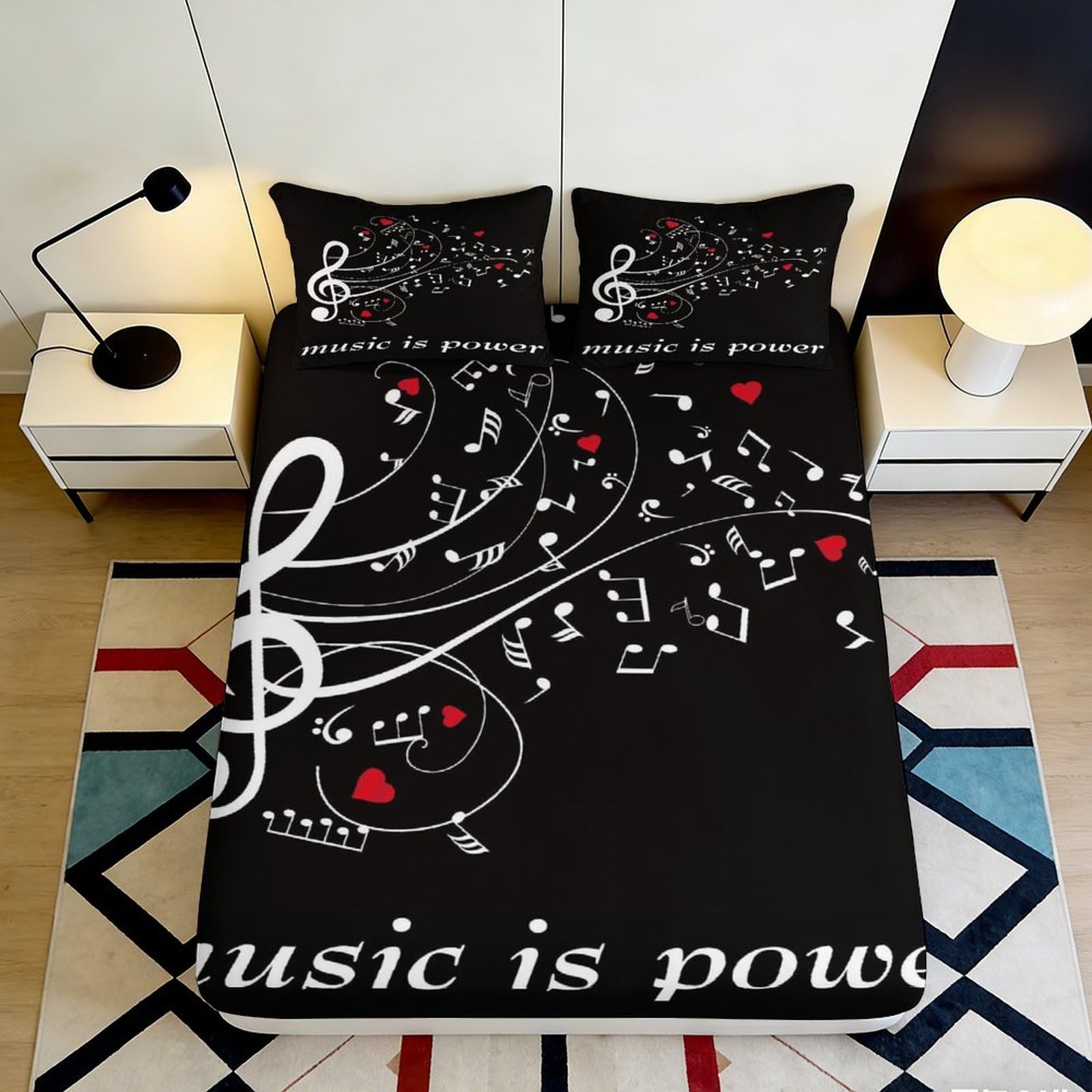 3D Printed Music Notes Fitted Sheet Microfiber Black Treble Clef Bed Cover Bedroom Dorm Decor Anti-Slip Machine Washable 160x200x25cm