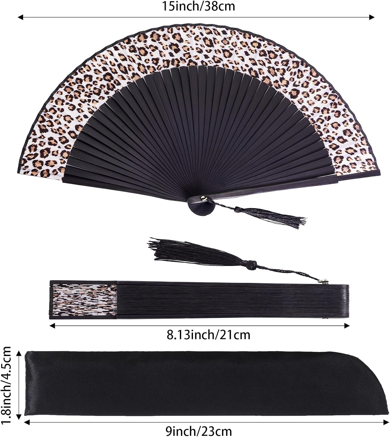 Wobe Hand Held Bamboo Silk Folding Fan, Chinese Japanese Handheld Fan with Tassel Wooden Charming Elegant Vintage Retro Style for Women Ladys Girls Dance Party Home Decorations (Leopard) thumbnail