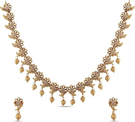 TARINIKA Antara Antique Necklace Set - Matte Gold Plated Brass Necklace with White Cubic Zirconia - Traditional Indian Ethnic Jewelry for Women - Wedding, Festive & Cultural Events