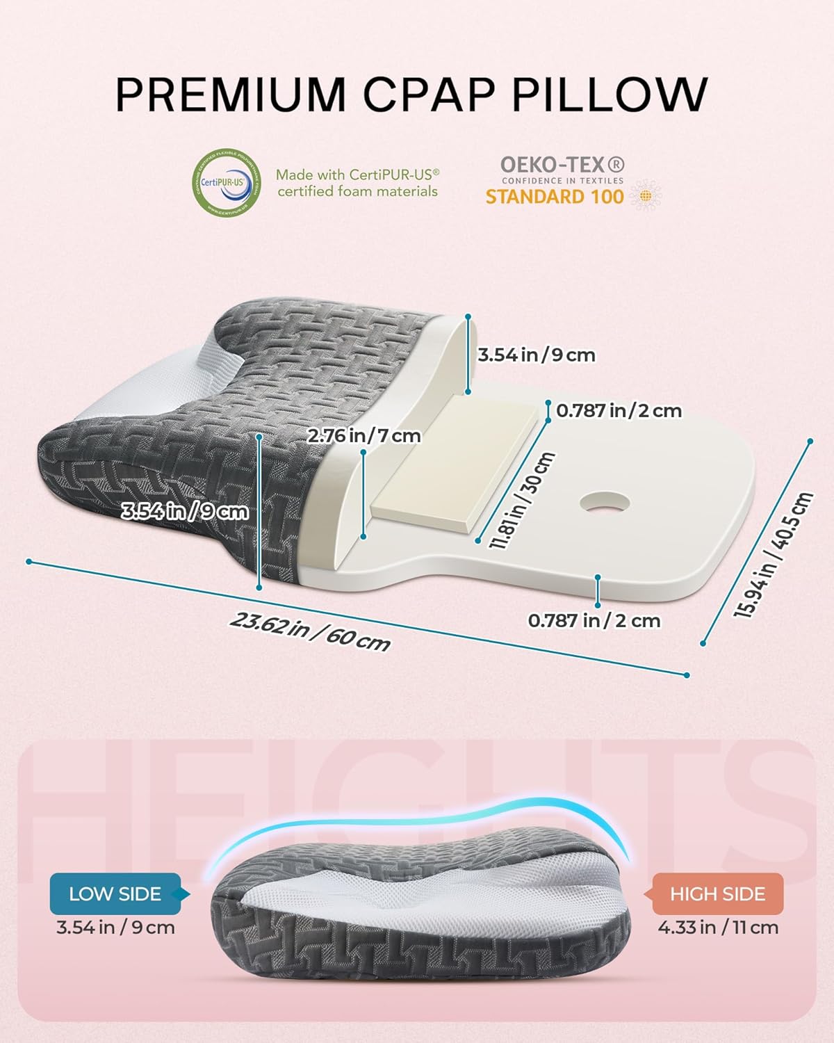 Elviros CPAP Pillow for Side Sleeping, Sleep Apnea Memory Foam Pillow for All CPAP Masks Users to Reduce Air Leaks & Masks Pressure, Adjustable Height with Cooling Breathable Cover (Grey)