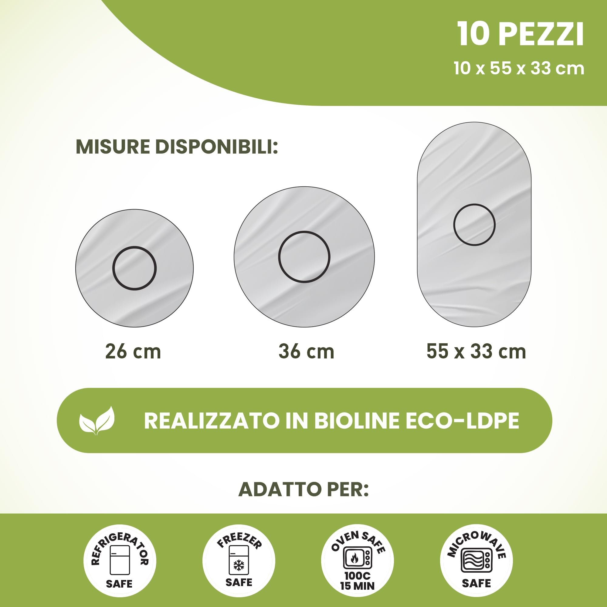 Culivac Salvafreschezza Sacchetti – Copri Alimenti con Elastico – Coprivivande Riutilizzabili – Cuffie Bioline Eco-LDPE – 10 Pezzi (55 x 33 cm)
