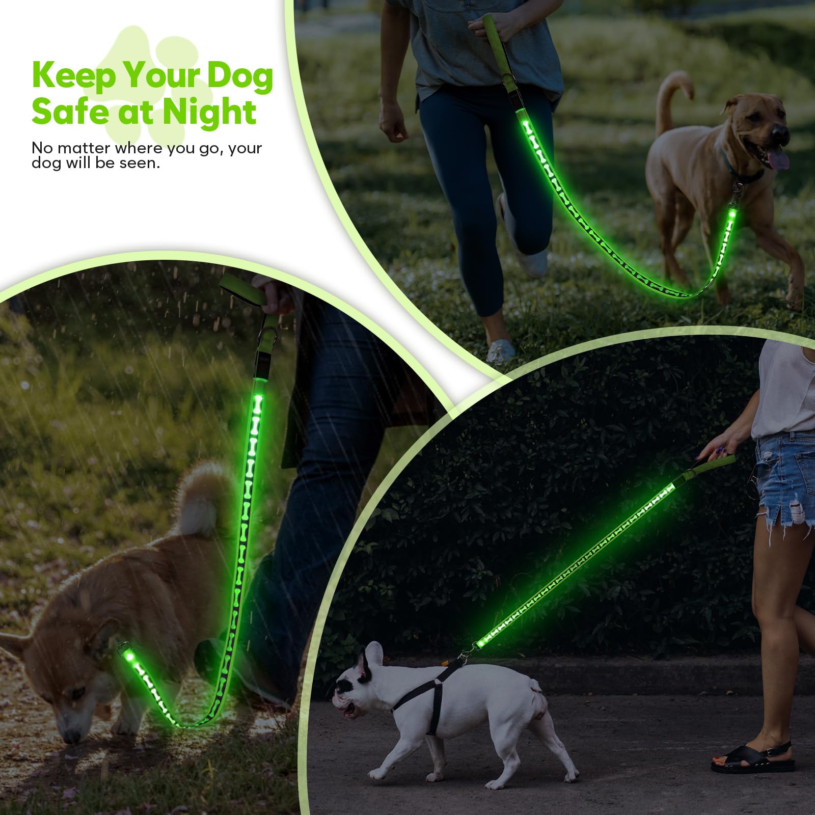 Flashseen Guinzaglio per cani luminoso, 1,2 m, LED con luce di tipo C, ricaricabile, in nylon, luci di sicurezza per cani per passeggiate notturne (verde)