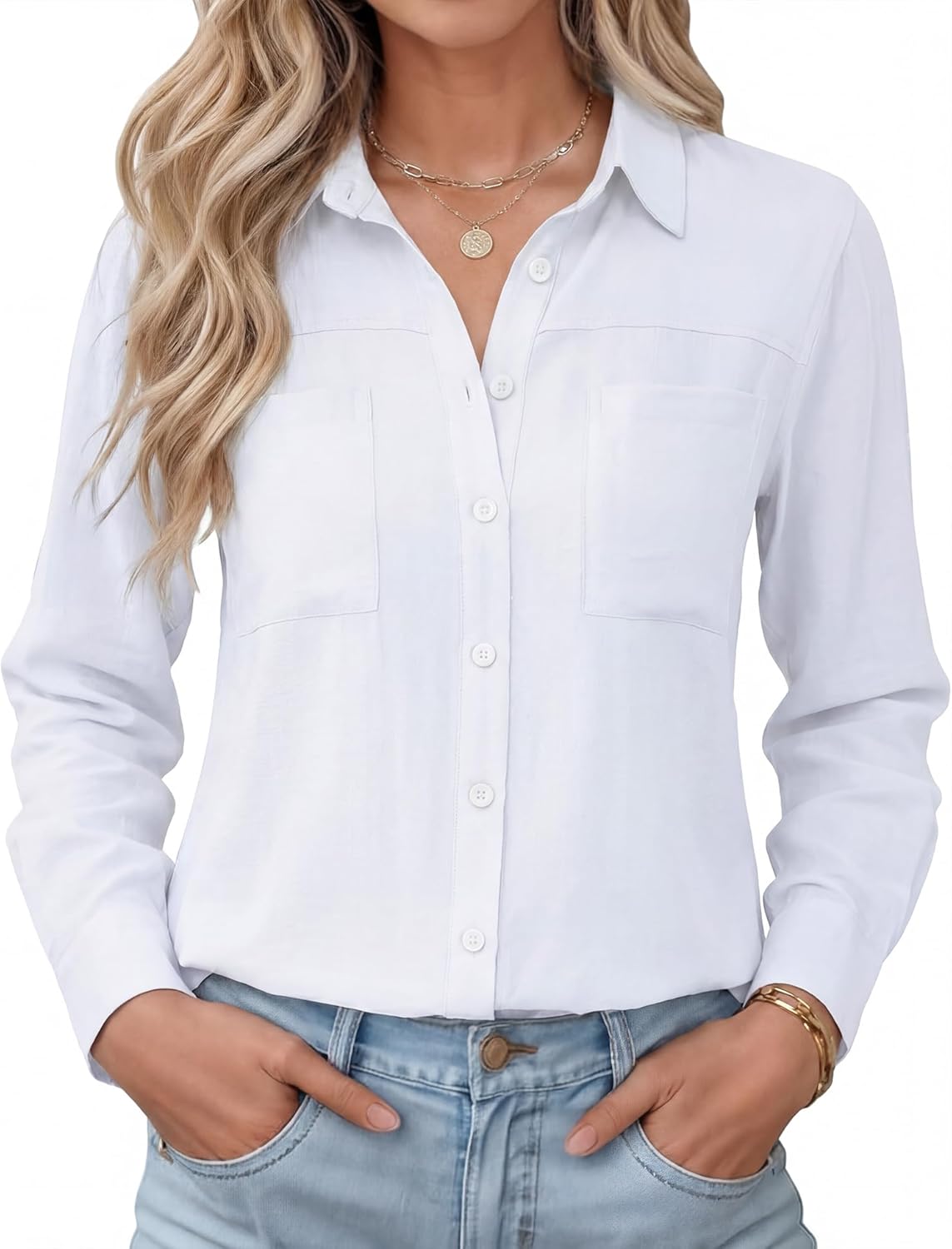 Kistore Womens Button Down Shirts Striped Linen Long Sleeve Blouses Business Casual Office Work Tops Loose Fit with Pockets