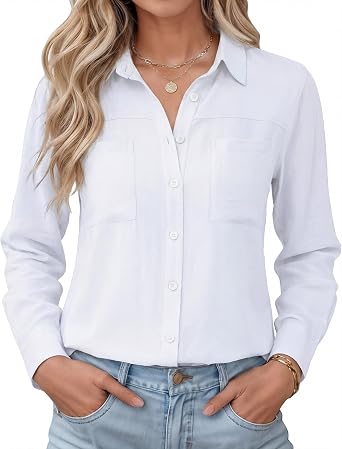 Womens Button Down Shirts Long Sleeve Casual Cotton Striped Plaid Tops | Classic Collared Dress Shirts for Women/Business Casual Office Tops/Loose Fit Beach Vacation Outfits/Two Pockets