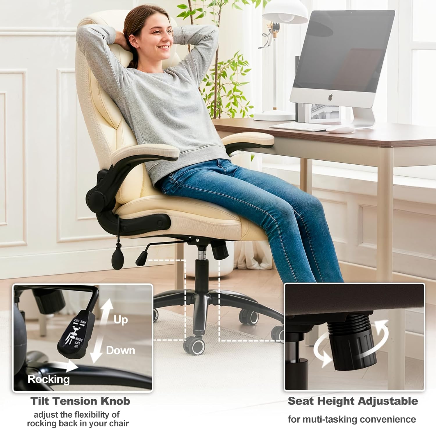Executive Office Chair - Adjustable Inflatable Lumbar Support, Flip Up Arms, Heavy Duty Metal Base, Breathable PU Leather Ergonomic High Back Computer Chair Desk Chair, Thick Padded | Cream
