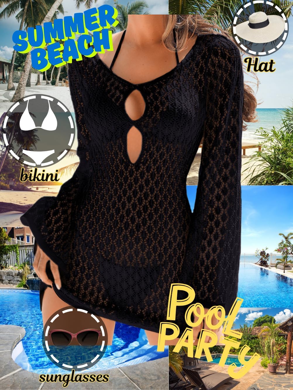 Women's Summer Crochet Swimsuit Cover-up, Boho Long Bell Sleeve Mini Dress, for Beach Vacation - Image 6