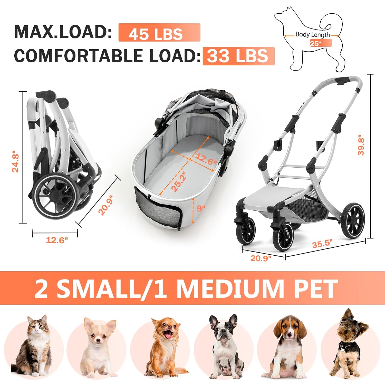 3 in 1 Pet Stroller for Small/Medium Dogs & Cats with Detachable Carrier, Storage Basket and Pet Pad, 4 Wheels Foldable Pet Travel Carrier for Car Seat & Hand Carry, Safe Outings (Green)