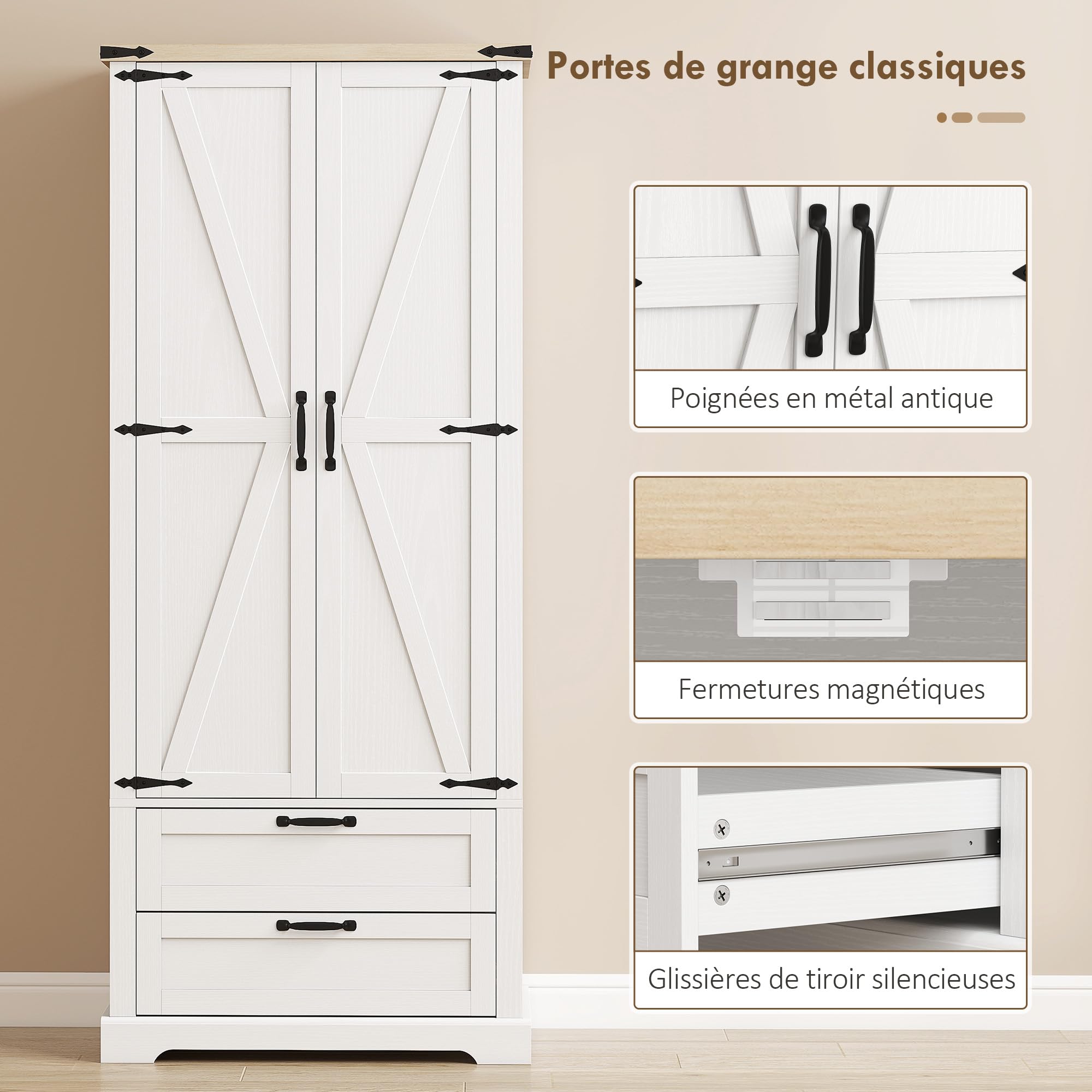 HOMCOM Buffet Haut Cuisine Vaisselier 2 Portes, 76 x 40 x 180 cm Blanc | Armoire de Rangement, 2 Tiroirs Silencieux, Étagères Réglables, Meuble de Rangement Rustique, Salon, Salle à Manger