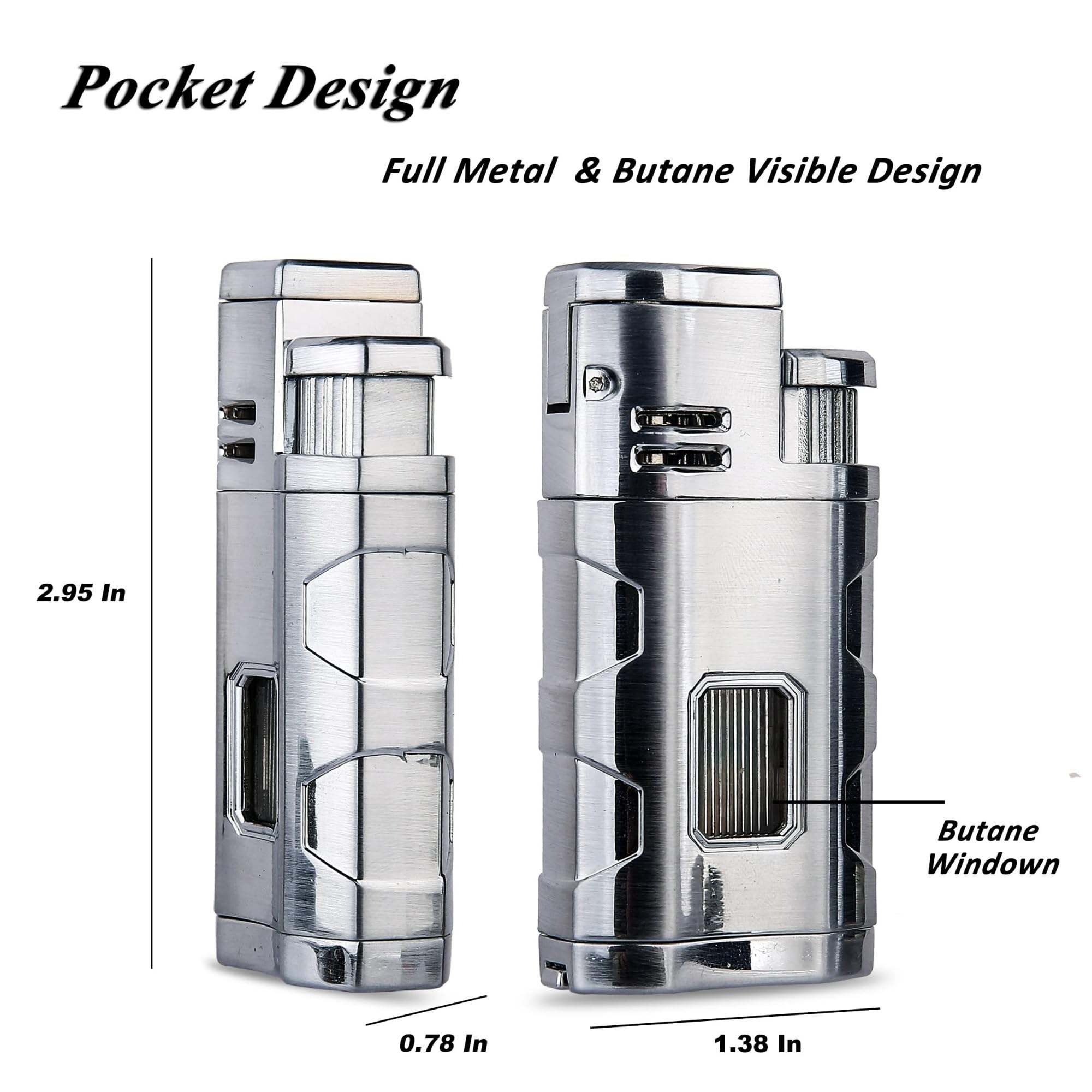 Triple Jet Flame Vintage Metal Butane Lighter with Visible Gas Window Push to Ignite, Adjustable Flame Windproof Portable Lighter for Candle Camping Gift (No Fuel Included)(Red Brass)