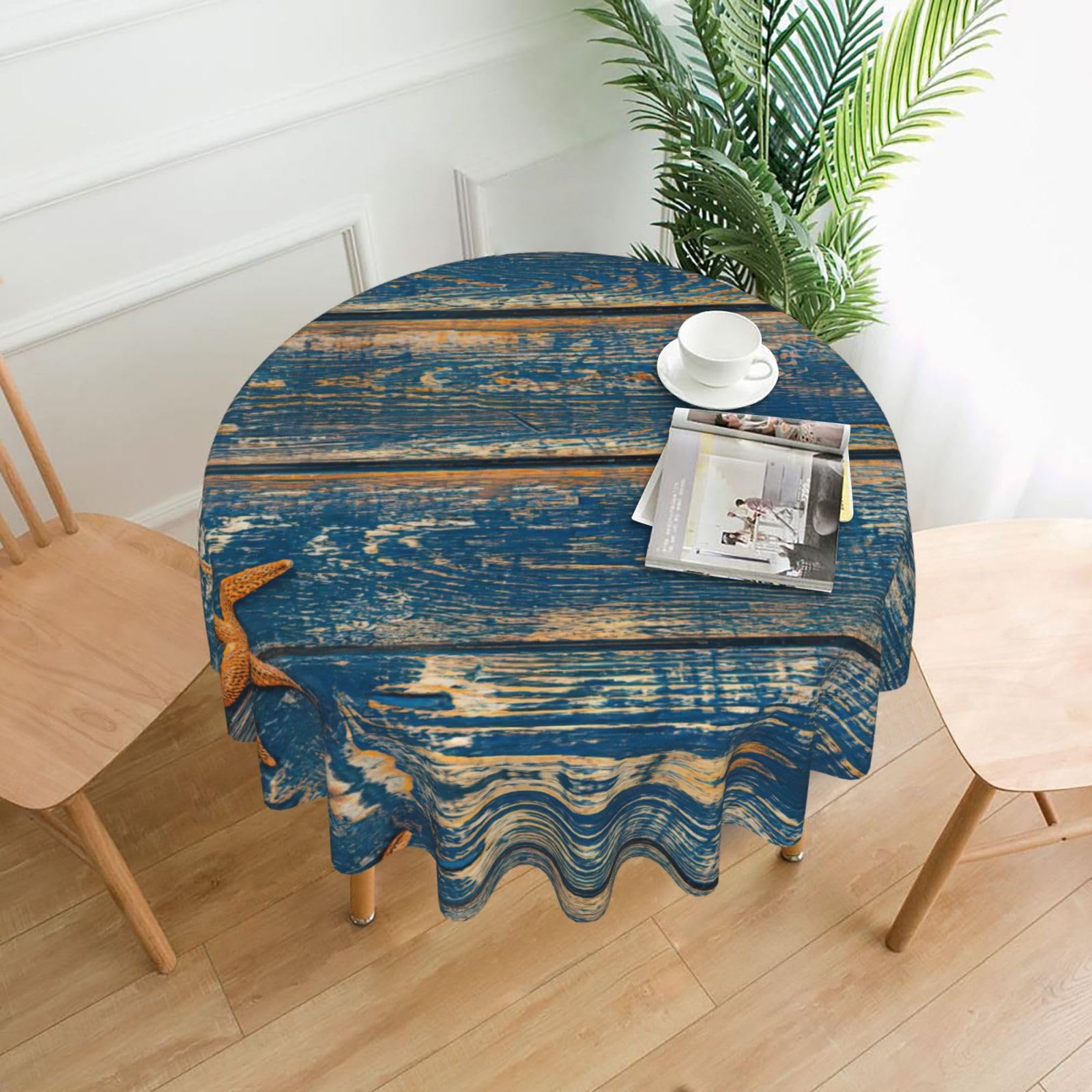 Uusnwaa Old Wooden Starfish Summer Print Round Tablecloth 60 Inch, Stain Wrinkle Resistant Washable Polyester Table Cover For Kitchen Party