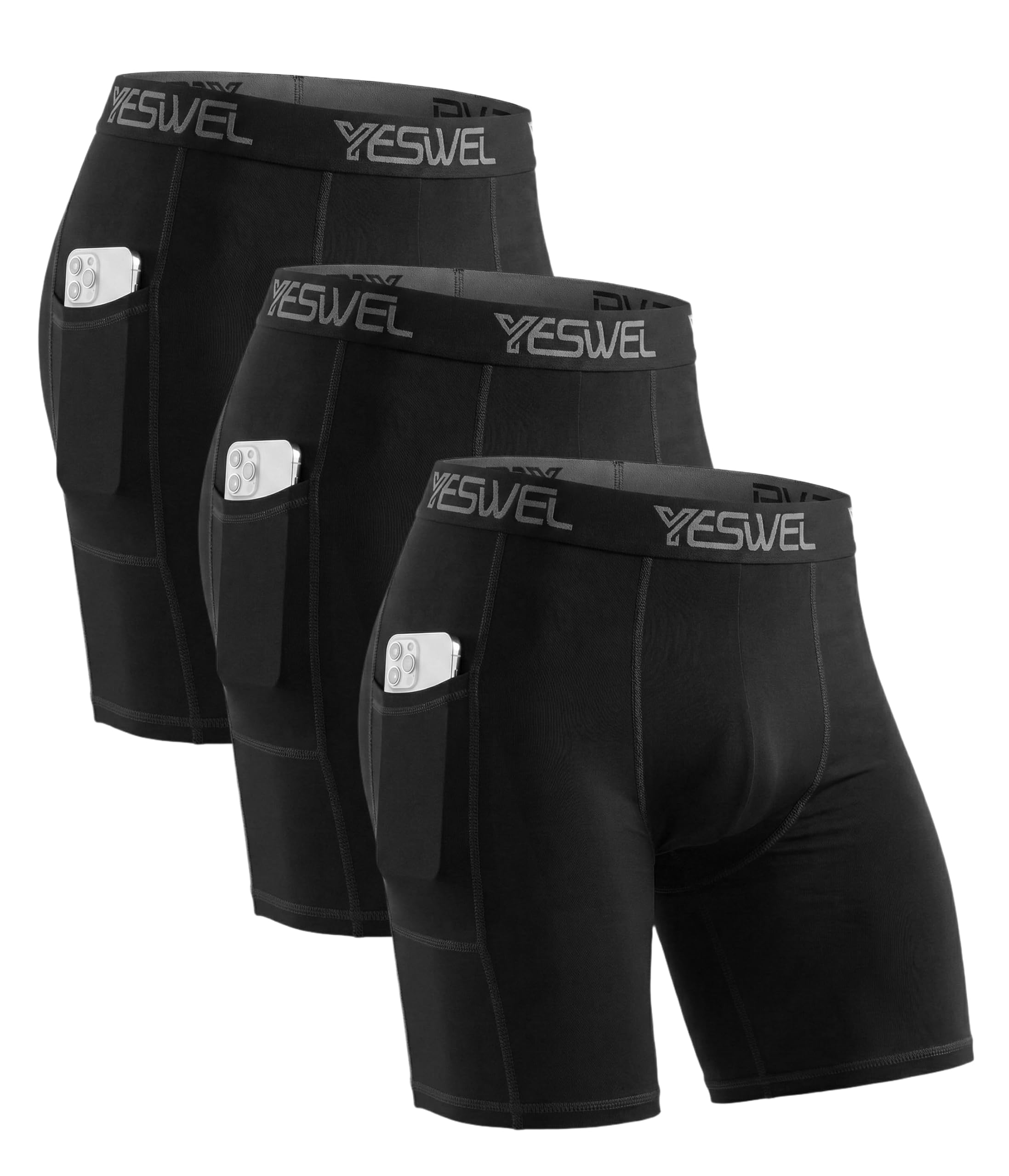 YESWEL Kompressionsshorts Herren 3er Pack, Laufhose Herren Kurz, Radlerhose | Vier‑Wege‑Stretch, ohne Sitzpolster, seitliche Handytasche, Flatlock‑Naht, breiter Bund, schnelltrocknend, für Sport