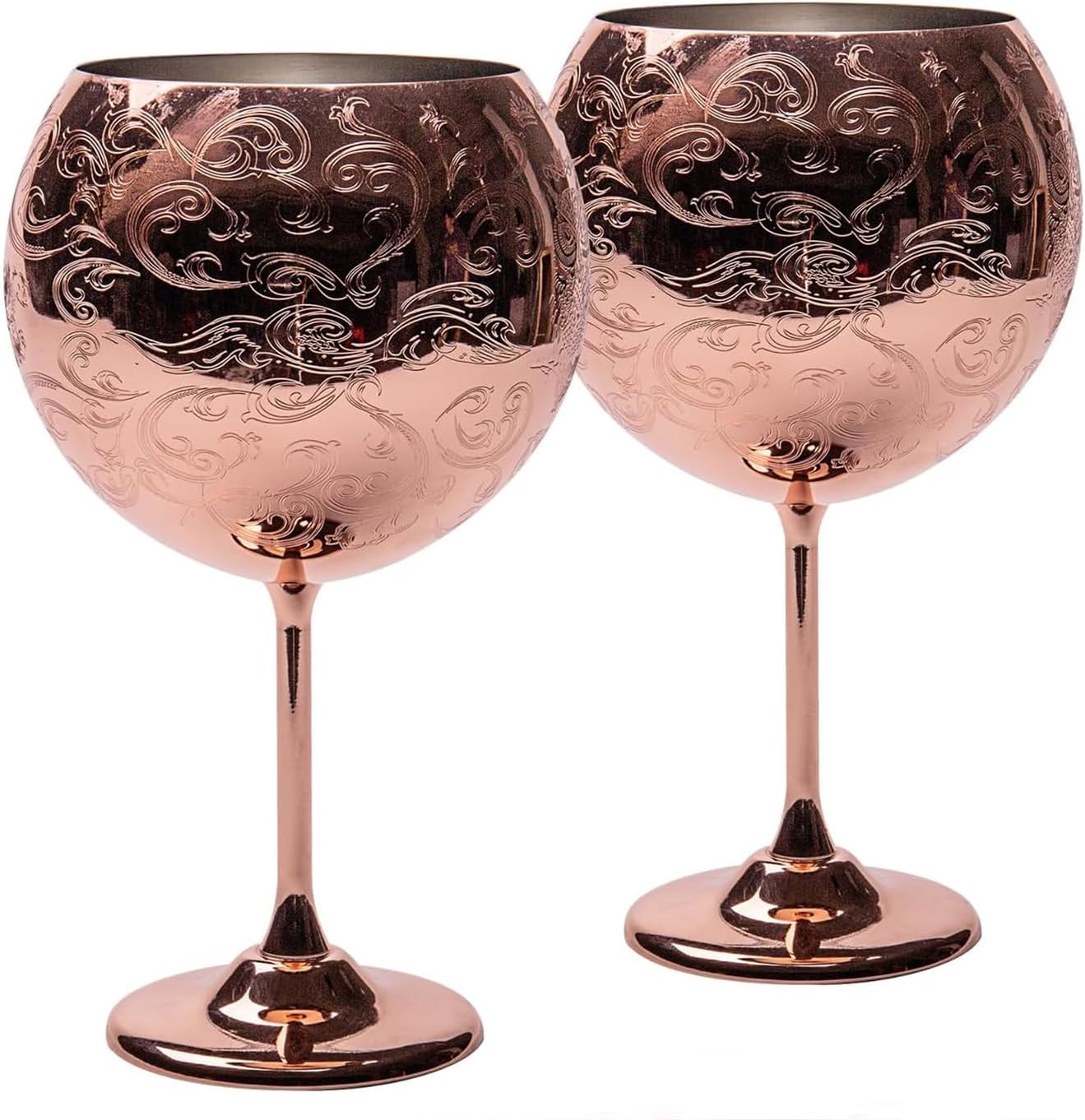 Etched Balloon Wine Glasses Set Of 2,24oz(680 ml) Wine Goblets Set, Gin and Tonic Glasses Set (copper plated)