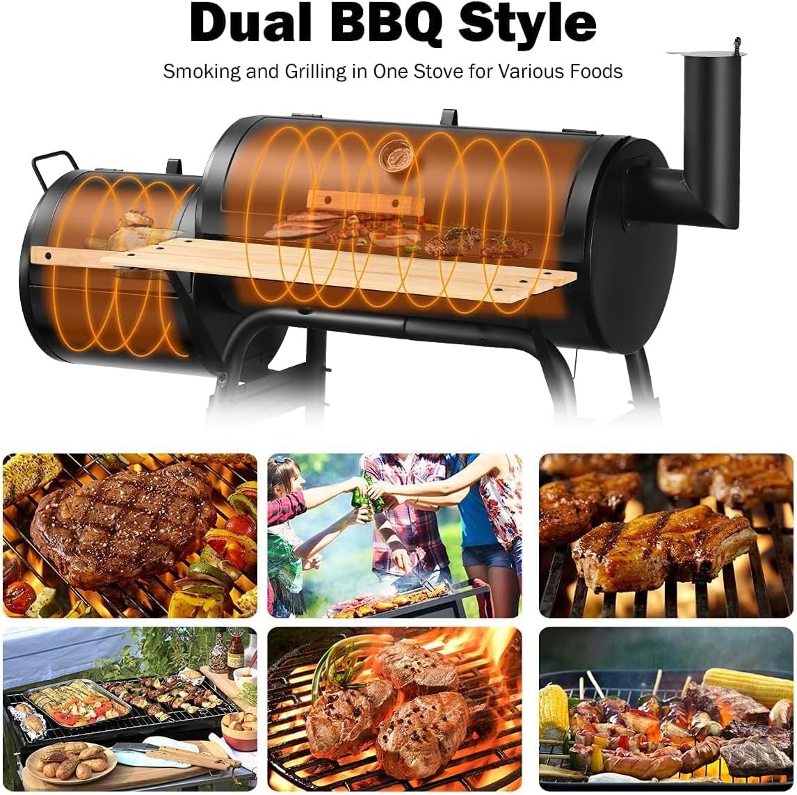 HAPPYGRILL Portable Charcoal Grill with Smoker, Thermometer, Side Shelf & Adjustable Damper, BBQ Grill Oven with 2 Moveable Wheels for Camping Patio Backyard Party