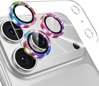 BUQIUSA カメラフィルム iPhone 17 Pro用 カメラ保護 キラキラ 全面 アイフォン17proカメラカバー 放射状光沢加工 カラフル | いphone17プロ レンズカバー 耐衝撃 かわいい 9H強化ガラス 超高透過率 ラメ 17pro カメラプロテクター