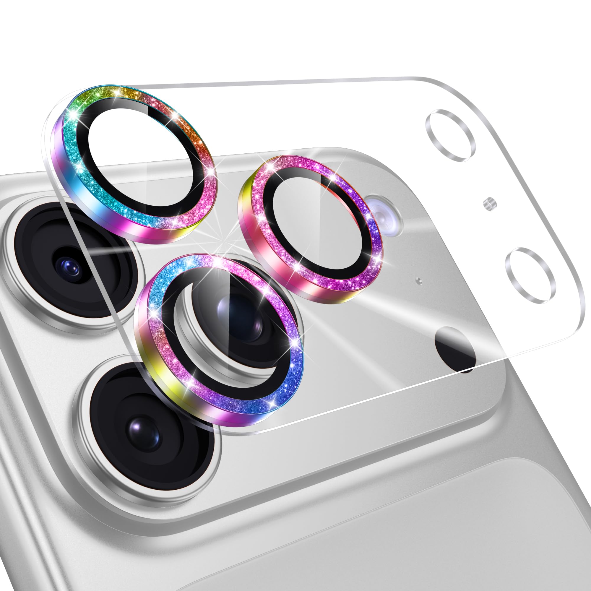 BUQIUSA カメラフィルム iPhone 17 Pro用 カメラ保護 キラキラ 全面 アイフォン17proカメラカバー 放射状光沢加工 カラフル | いphone17プロ レンズカバー 耐衝撃 かわいい 9H強化ガラス 超高透過率 ラメ 17pro カメラプロテクター