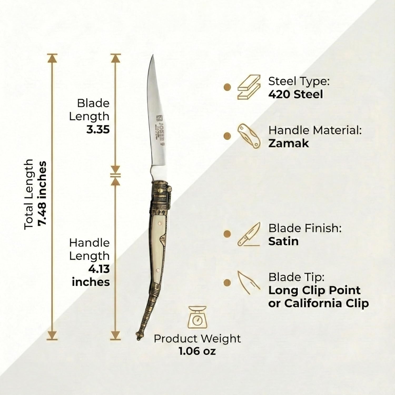 Joker Pocket Knife decorated N107D with zamak handle - ABS, blade 3.54 inches, stainless steel 420, fishing tool, Hunting, camping and hiking