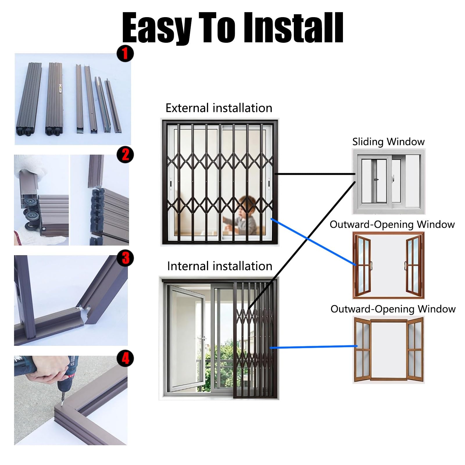 sbarre di sicurezza per finestre Grate Di Sicurezza Pieghevoli Su Misura Per Finestre | L 50 60 70 80 100 120 140 150 Cm, Griglia Di Protezione Con Serratura, Protezione Antintrusione, Design Scorrevole