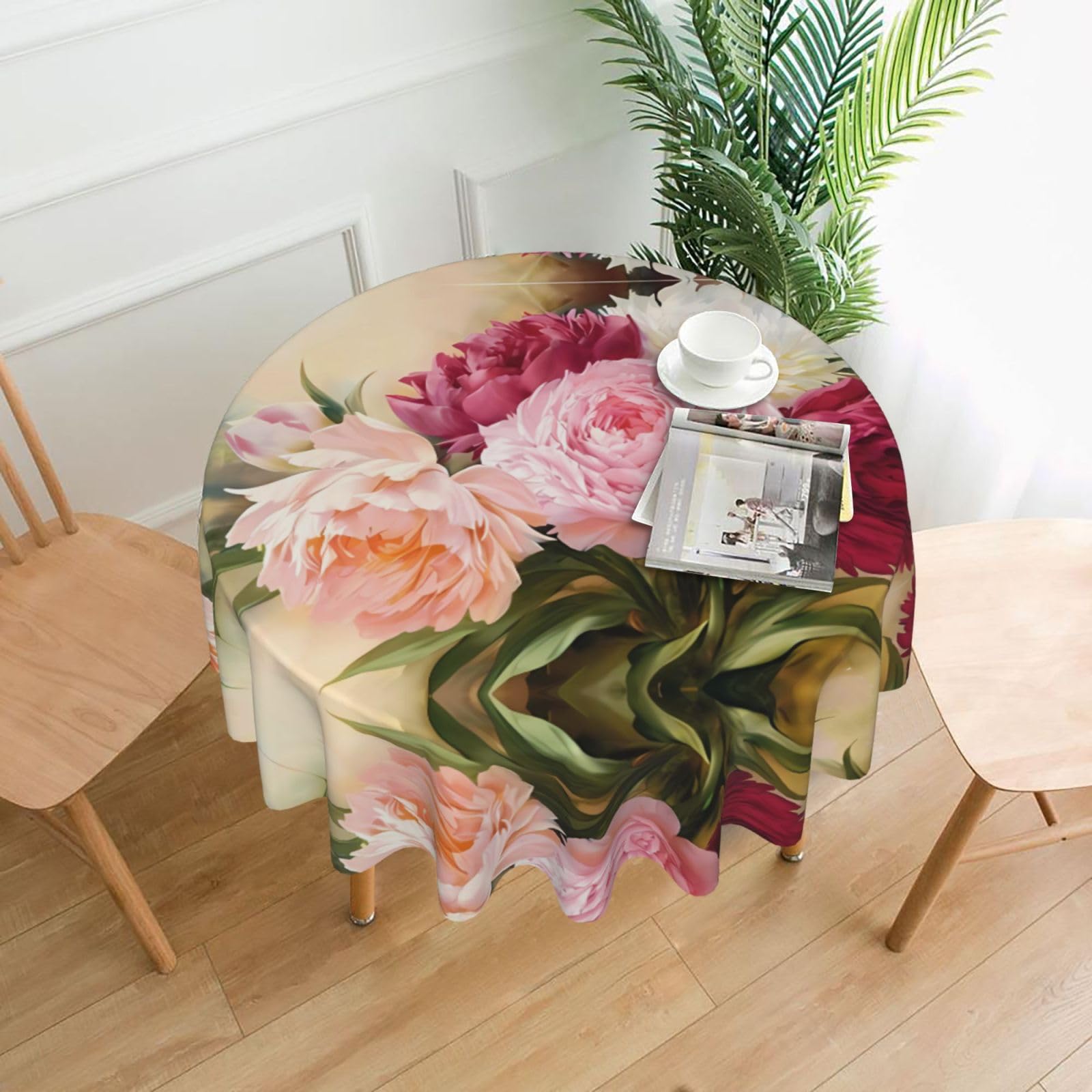 ZHAOUR Peony Flowers Blossom Print Round Washable Tablecloth – Table Cover