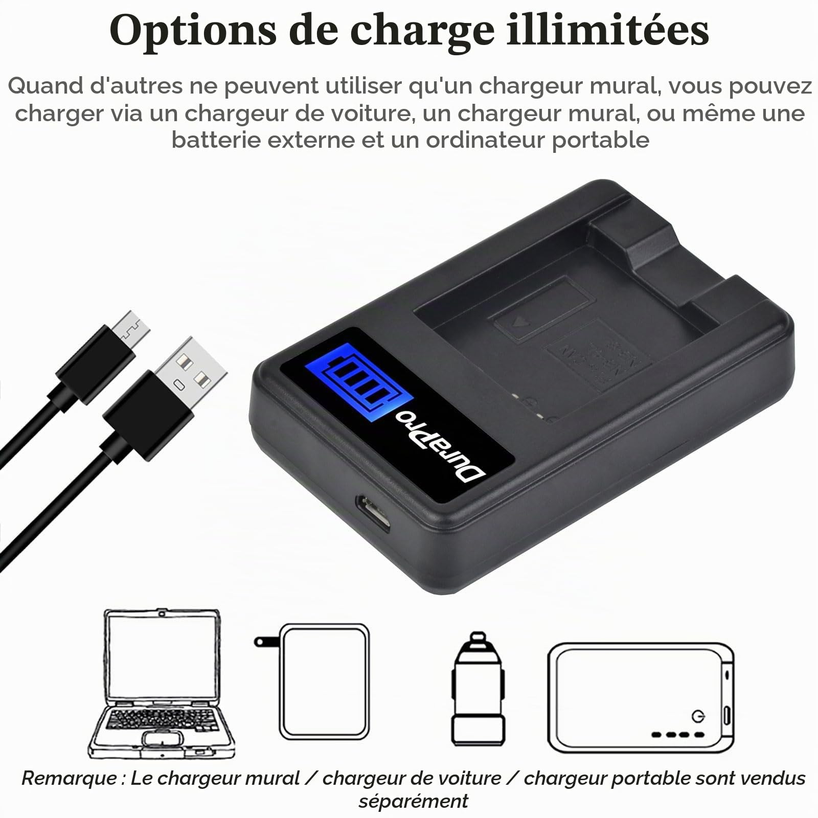DuraPro Lot de 2 Batteries NB-4L + Chargeur USB LCD pour Canon IXUS 30, 40, 50, 55, 60, 65, 70, 75, 80 is, 82 is, 100 is, 110 is, 115 HS, 120 is, 130, 220 HS, 230 HS, 255 HS, I Zoom, ii7, i7 Zoom