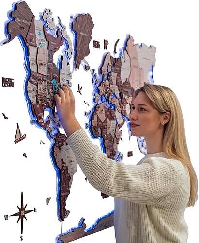 Enjoy The Wood Mapa del mundo de madera 3D LED 2.0, arte de pared moderno para decoración del hogar, regalos de viaje, mapas de madera, tablero de