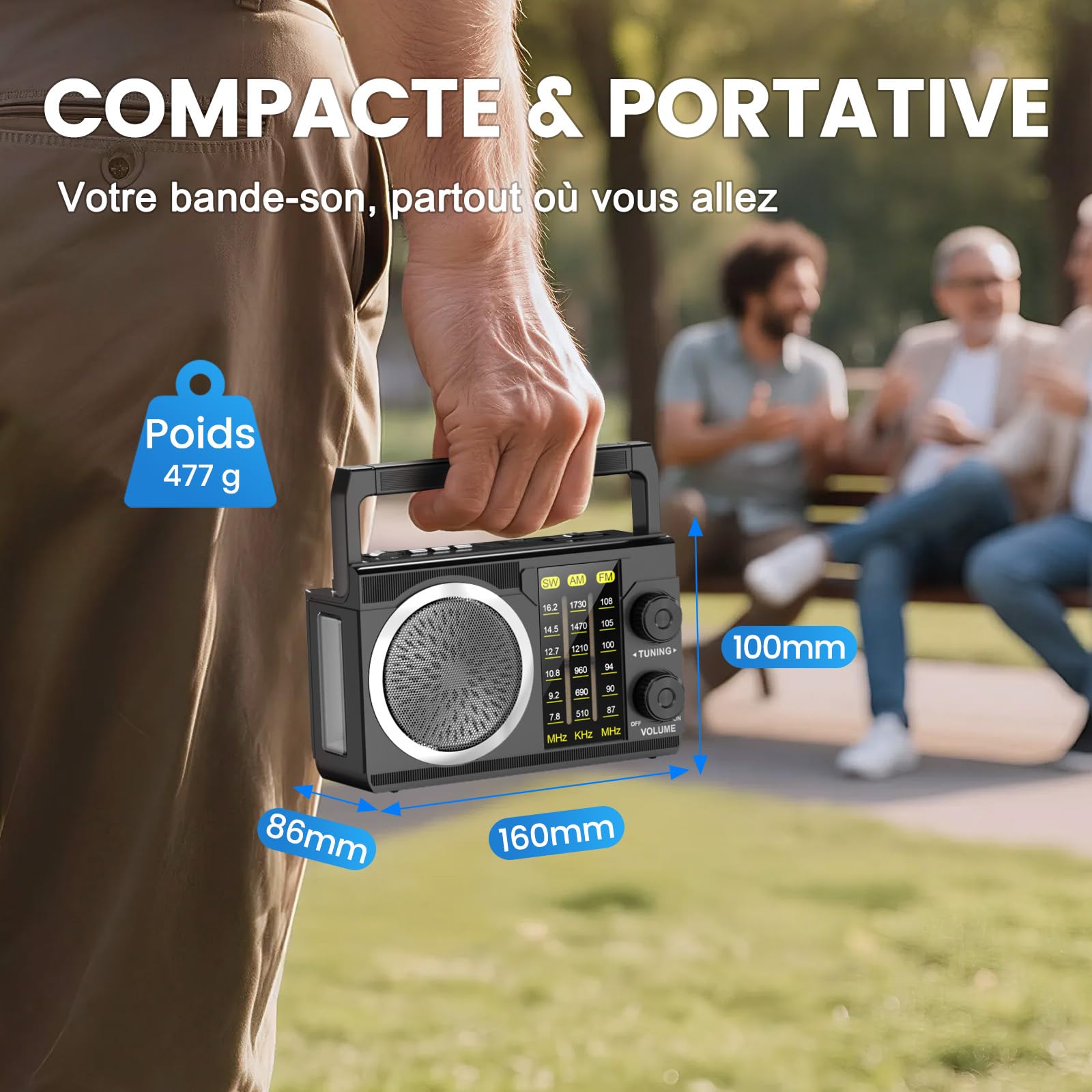 PRUNUS J-135 AM/FM Poste Radio Portable Rechargeable avec 1800 mAh, Secteur et Pile, Transistor Radio Bluetooth 6.0, Poignée de Transport Rabattable, Essentiel à la Survie, pour Camping, Chambre