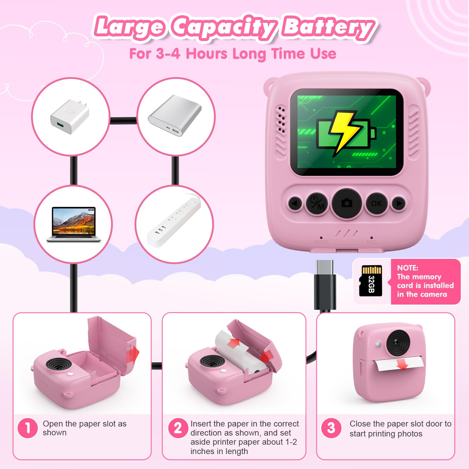 CalineGam Macchina Fotografica Bambini Istantanea, 2.0 Pollici Fotocamera Digitale Bambini con 32GB Scheda e Carta Fotografica, Regali di Natale Compleanno per 4 5 6 7 8 9 10 Ragazze Ragazzi (Rosa)