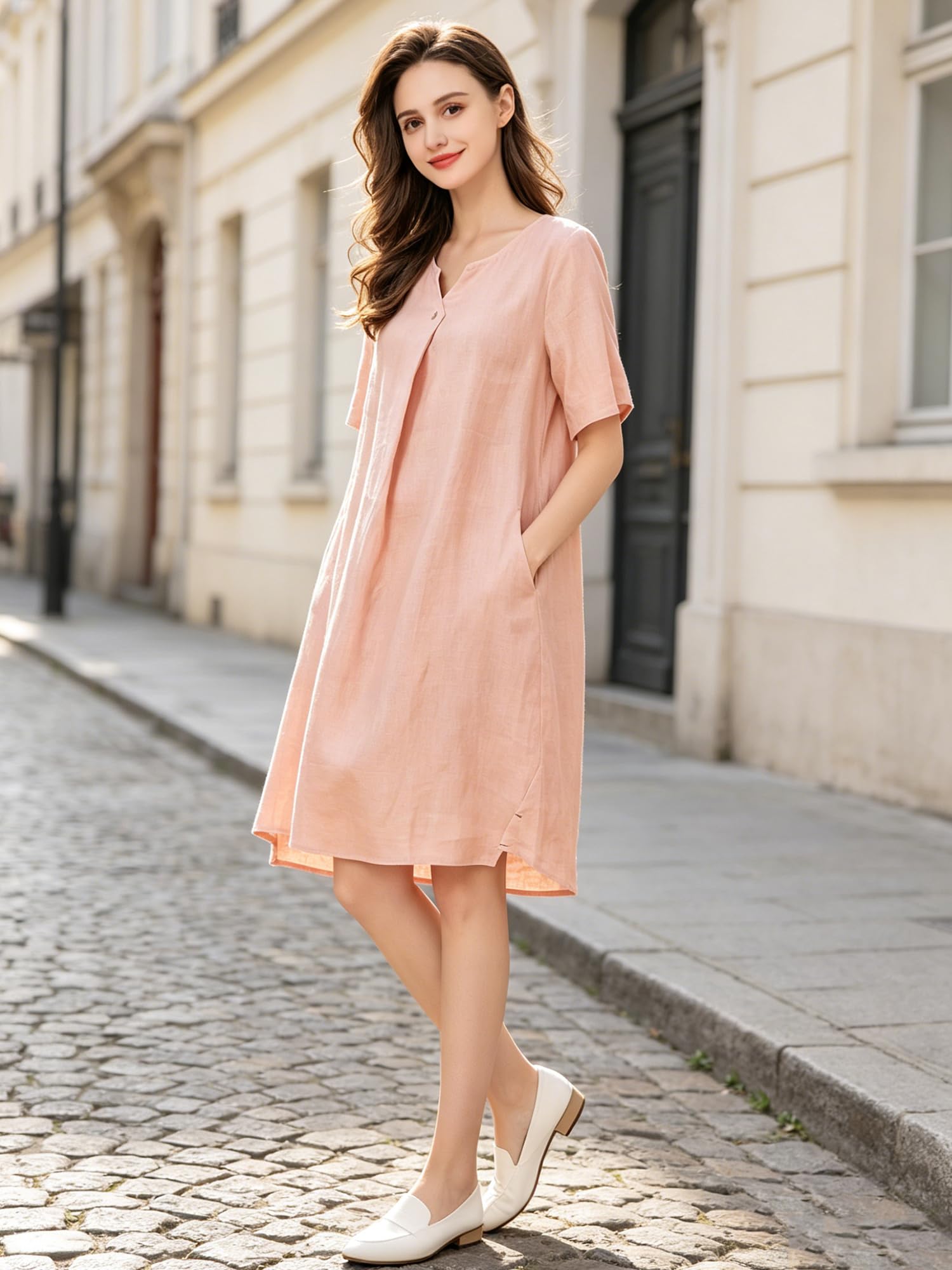 FTCayanz Donna Vestiti Estivi Scollo V Manica Corta Sciolto Casual Vestito Dress in Lino