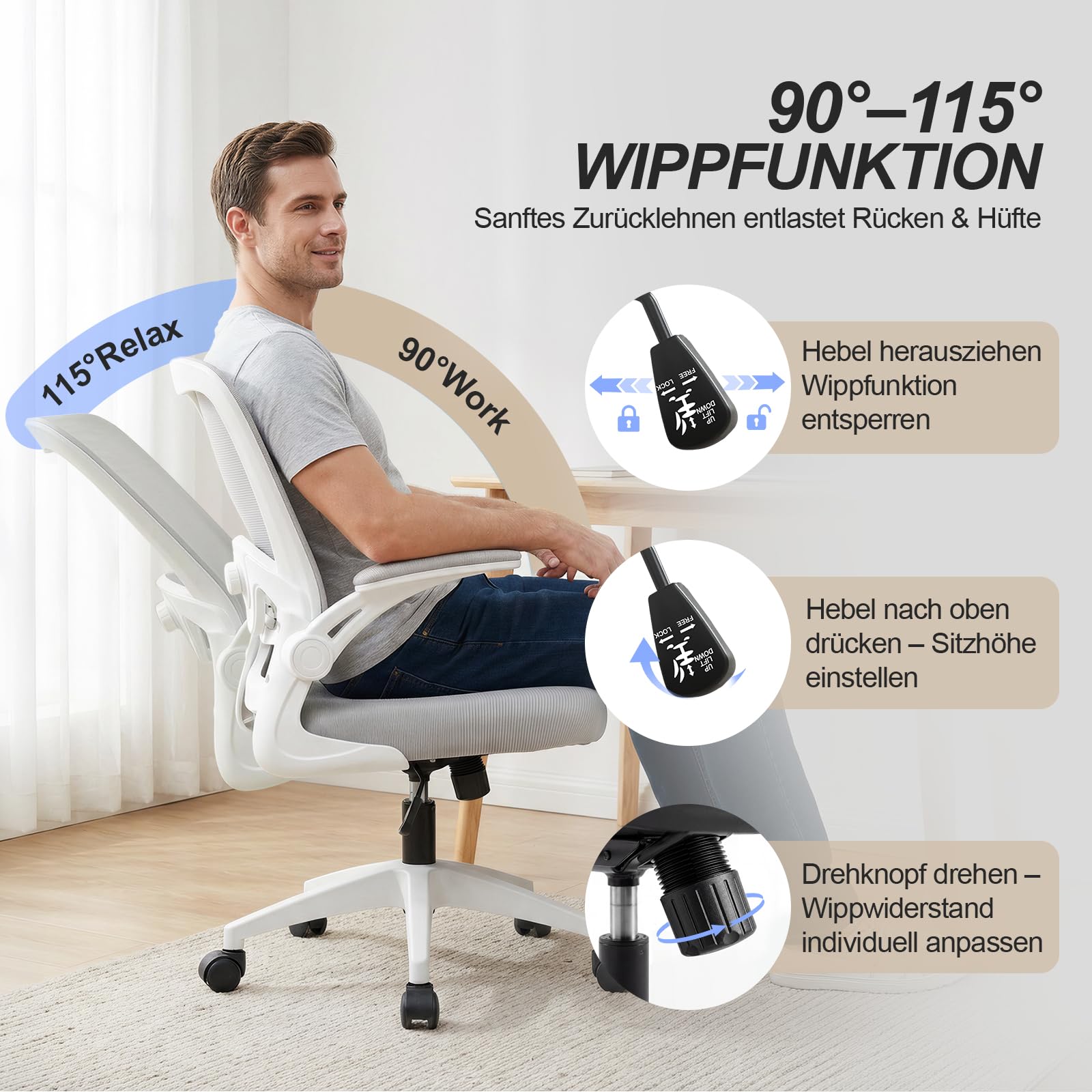 Bürostuhl Ergonomisch mit 4D Verstellbarer Lordosenstütze und Atmungsaktivem Mesh, Ergonomischer Schreibtischstuhl mit 8 cm Formstabilem Sitzpolster, 360° Drehstuhl für Home Office & Büro Weiß